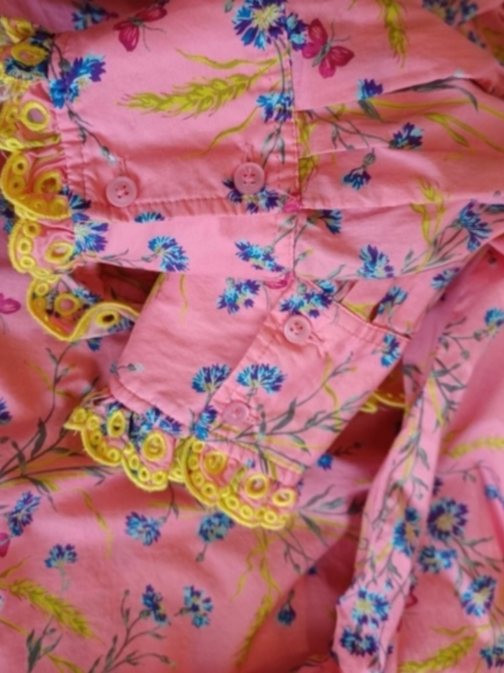 J. Crew Pink Floral Ruffle Button-Front Top with Yellow Eyelet Trim - Picture 2 of 7